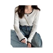 Suéter Feminino De Tricô Com Gola Quadrada, Manga Longa, Ajuste Slim, Bloco De Cores Suaves, Para - AOSSVIAO