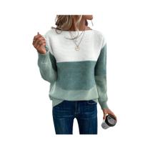 Suéter Feminino De Tricô Com Patchwork Em Três Cores, Casual, Solto, Quente E Grosso Para Suéter Feminino De Tricô Com Patchwork Em Três Cores, Casual, Solto, Quente E Grosso Para