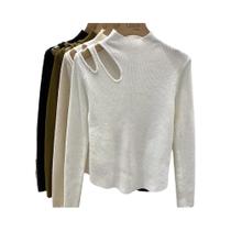 Suéter Feminino De Tricô Gola Alta Canelado Macio E Quente Para Outono Inverno - Pulôver Básico