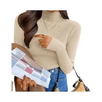 Suéter Feminino De Tricô Gola Alta Manga Longa Harajuku Pulôver Slim Elástico Básico Coreano Liso