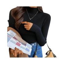 Suéter Feminino De Tricô Gola Alta Manga Longa Harajuku Pulôver Slim Elástico Coreano Básico Liso