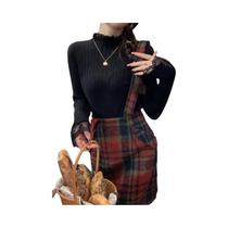 Suéter Feminino De Tricô Gola Alta Manga Longa Justo Cor Sólida Com Renda Para Outono Inverno