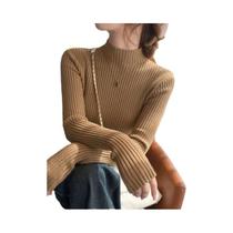 Suéter Feminino De Tricô Gola Alta Manga Longa Quente Chique Outono Inverno 2025 Slim Cor Sólida - NONE