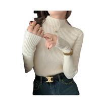 Suéter Feminino De Tricô Gola Alta Manga Longa Quente Chique Outono Inverno Cor Sólida Ajuste Fino