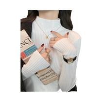 Suéter Feminino De Tricô Gola Alta Manga Longa Quente Chique Outono Inverno Cor Sólida Ajuste Fino