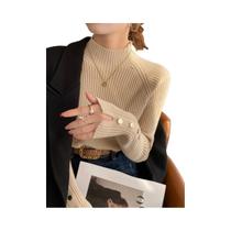 Suéter Feminino De Tricô Gola Alta Manga Longa Slim Fit Outono Inverno Macio Pulôver Streetwear