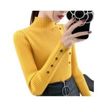 Suéter Feminino De Tricô Gola Alta Para Outono, Algodão Macio, Elástico, Ajuste Fino, Manga