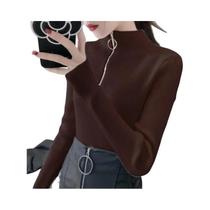 Suéter Feminino De Tricô Gola Alta Slim Com Zíper Pulôver Básico Sólido Outono Inverno