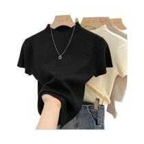 Suéter Feminino De Tricô Gola Alta Slim Fit Manga Curta Bodycon Pulôver De Verão 2026 - NONE