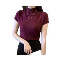 Suéter Feminino De Tricô Gola Alta Slim Fit Manga Curta Estilo Coreano Elegante Liso Para Outono