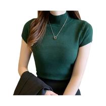 Suéter Feminino De Tricô Gola Alta Slim Fit Manga Curta Estilo Coreano Elegante Liso Para Outono