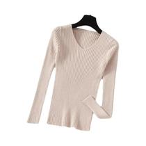 Suéter Feminino De Tricô Gola V Manga Longa Outono Inverno Casual Básico Liso