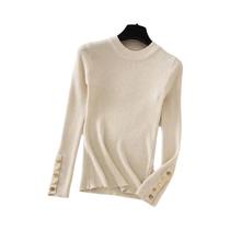 Suéter Feminino De Tricô Grosso Cáqui Com Gola O E Botões, Pulôver Slim Fit Macio Para Outono