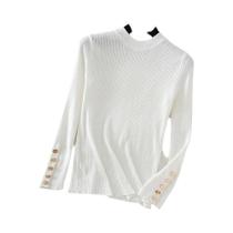 Suéter Feminino De Tricô Grosso Cáqui Com Gola O E Botões, Pulôver Slim Fit Macio Para Outono
