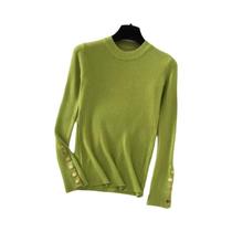 Suéter Feminino De Tricô Grosso Cáqui Com Gola O E Botões, Pulôver Slim Fit Macio Para Outono