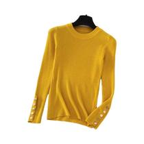 Suéter Feminino De Tricô Grosso Cáqui Com Gola O E Botões, Pulôver Slim Fit Macio Para Outono