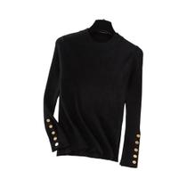 Suéter Feminino De Tricô Grosso Cáqui Com Gola O E Botões, Pulôver Slim Fit Macio Para Outono