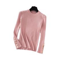 Suéter Feminino De Tricô Grosso Cáqui Com Gola Redonda E Botões, Pulôver Slim Fit Macio Para Outono