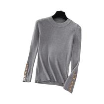 Suéter Feminino De Tricô Grosso Cáqui Com Gola Redonda E Botões, Pulôver Slim Fit Macio Para Outono