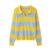Suéter Feminino De Tricô Listrado Com Gola Polo, Estilo Europeu-Americano, Moda Outono, Pulôver