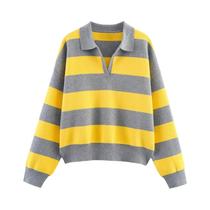 Suéter Feminino De Tricô Listrado Com Gola Polo Solto Estilo Europeu Americano Moda Outono Pulôver