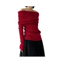 Suéter Feminino De Tricô Ombro a Ombro Outono Inverno Elegante Vintage Liso De Alta Elasticidade Suéter Feminino De Tricô Ombro a Ombro Outono Inverno Elegante Vintage Liso De Alta Elasticidade