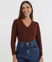 Suéter Feminino Decote V Nervura Marisa Marrom-52077