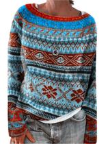 Suéter feminino DMOYALA Fair Isle, étnico, azul, vermelho