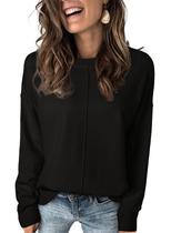 Suéter feminino EVALESS, casual, com gola redonda, canelado, preto, L