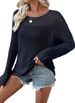 Suéter feminino EVALESS, crochê, tricô, azul marinho