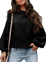 Suéter feminino EVALESS, de inverno, gola redonda, manga lanterna, preto