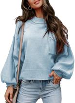 Suéter feminino EVALESS, manga lanterna de inverno, azul celeste M Suéter feminino EVALESS, manga lanterna de inverno, azul celeste M