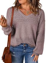 Suéter feminino Eytino plus size com decote em V, malha de crochê, 5 vezes damasco