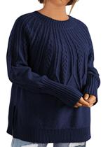 Suéter feminino Eytino, pulôver plus size, gola redonda, azul marinho Suéter feminino Eytino, pulôver plus size, gola redonda, azul marinho