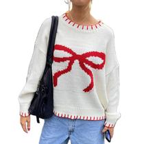 Suéter feminino FOMOYUU com estampa de laço, tricotado com nervuras, branco M