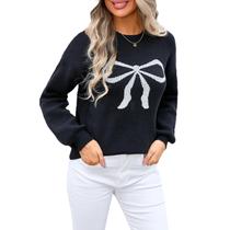 Suéter feminino FOMOYUU com estampa de laço, tricotado com nervuras, preto