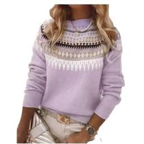Suéter feminino, frontal, casual, vintage, com gola redonda em Fair Isle Suéter feminino, frontal, casual, vintage, com gola redonda em Fair Isle