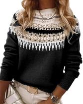 Suéter feminino, frontal, casual, vintage, com gola redonda em Fair Isle Suéter feminino, frontal, casual, vintage, com gola redonda em Fair Isle