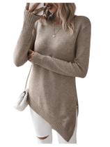 Suéter feminino GORGLITTER com bainha assimétrica dividida cáqui