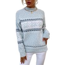 Suéter feminino JUNBOON com gola redonda e manga comprida com estampa de flocos de neve