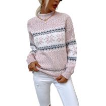 Suéter feminino JUNBOON com gola redonda e manga comprida com estampa de flocos de neve
