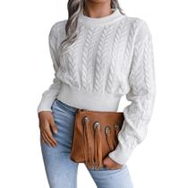 Suéter feminino JUNBOON com gola redonda e manga comprida Crop Twist Knit