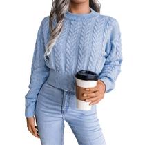 Suéter feminino JUNBOON com gola redonda e manga comprida Crop Twist Knit Suéter feminino JUNBOON com gola redonda e manga comprida Crop Twist Knit