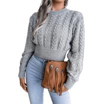 Suéter feminino JUNBOON com gola redonda e manga comprida Crop Twist Knit Suéter feminino JUNBOON com gola redonda e manga comprida Crop Twist Knit