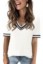 Suéter feminino Kistore de verão, manga curta, decote em V, tricotado Suéter feminino Kistore de verão, manga curta, decote em V, tricotado