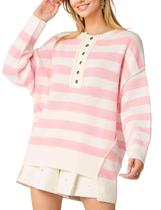 Suéter feminino listrado de malha com botões Internos rosa