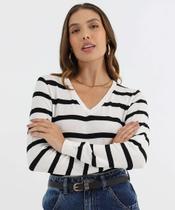 Suéter Feminino Listrado Gola V Marisa Branco-49873