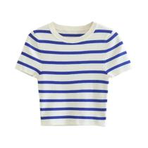 Suéter Feminino Listrado Recortado - Malha Vintage, Gola Redonda, Manga Curta