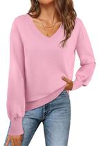 Suéter feminino MEROKEETY 2024 com decote em V, rosa claro, M