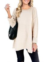 Suéter feminino MEROKEETY, outono, 2024, casual, gola redonda, bege, GG Suéter feminino MEROKEETY, outono, 2024, casual, gola redonda, bege, GG